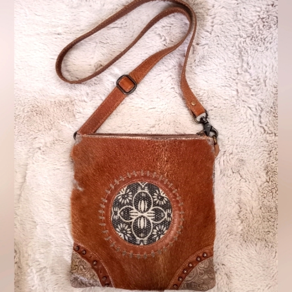 Myra Fidato Leather Tan Hair On Western Rodeo Festival Boho Moto Crossbody Bag